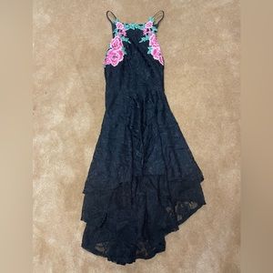 Women’s homecoming black dress with embroidered pink flowers